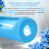 32 oz Glass Water Bottle with Straw Lid, Time Marker, Silicone Sleeve & Extra Lid (Blue Sleeve)