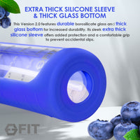 32 oz Glass Water Bottle with Time Marker, Extra Lid & Carrier (Royal Blue, Blue Marble Carrier)