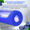 32 oz Glass Water Bottle with Straw Lid, Time Marker, Silicone Sleeve & Extra Lid (Royal Blue Sleeve)