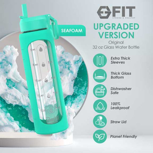 32 oz Glass Water Bottle with Straw Lid, Time Marker, Silicone Sleeve & Extra Lid (Seafoam Sleeve)