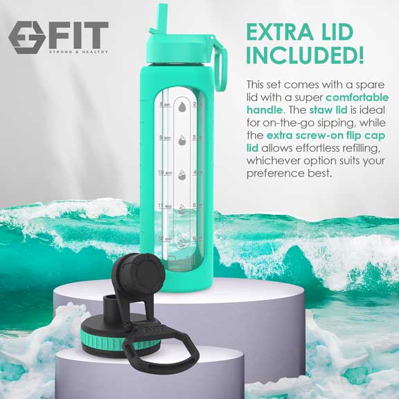 32 oz Glass Water Bottle with Time Marker and Extra Lid (Seafoam Sleeve)