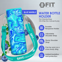 32 oz Glass Water Bottle with Time Marker, Extra Lid & Carrier (Royal Blue, Blue Marble Carrier)