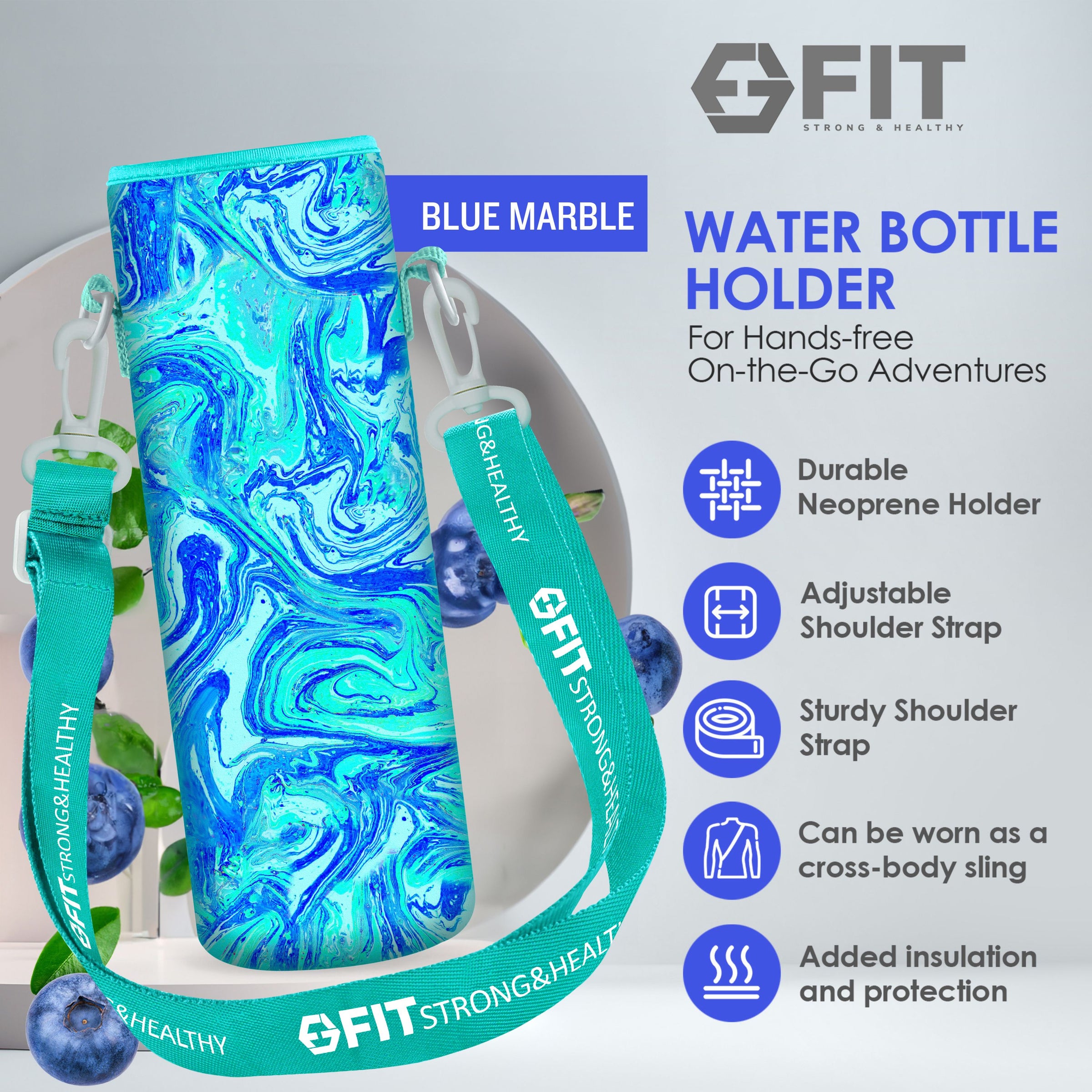 32 oz Glass Water Bottle with Time Marker, Extra Lid & Carrier (Royal Blue, Blue Marble Carrier)