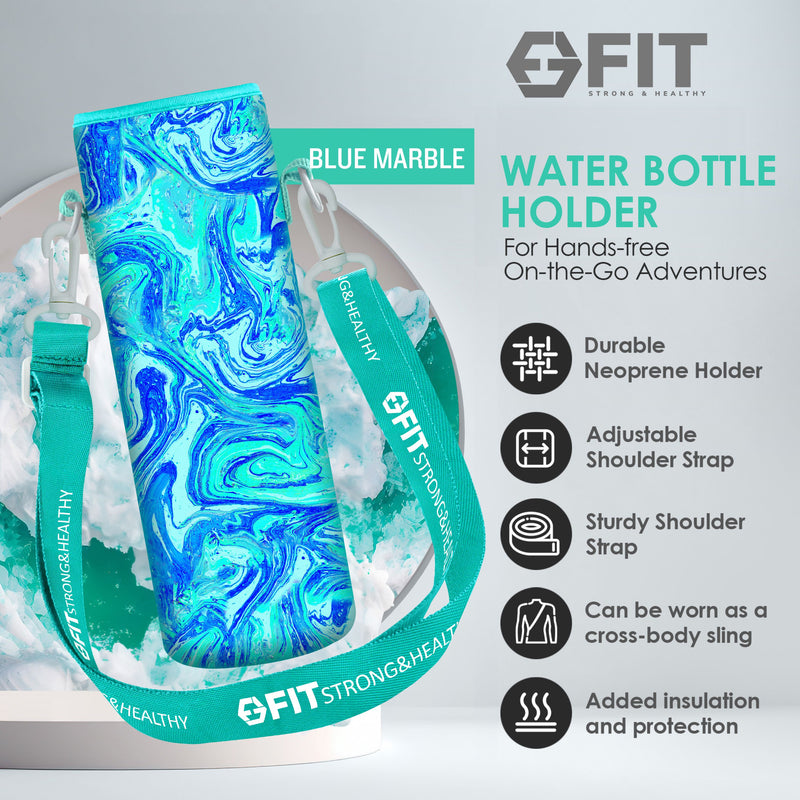 32 oz Glass Water Bottle with Straw Lid, Time Marker, Sleeve, Extra Lid & Water Bottle Holder with Strap (Seafoam, Blue Marble Carrier)