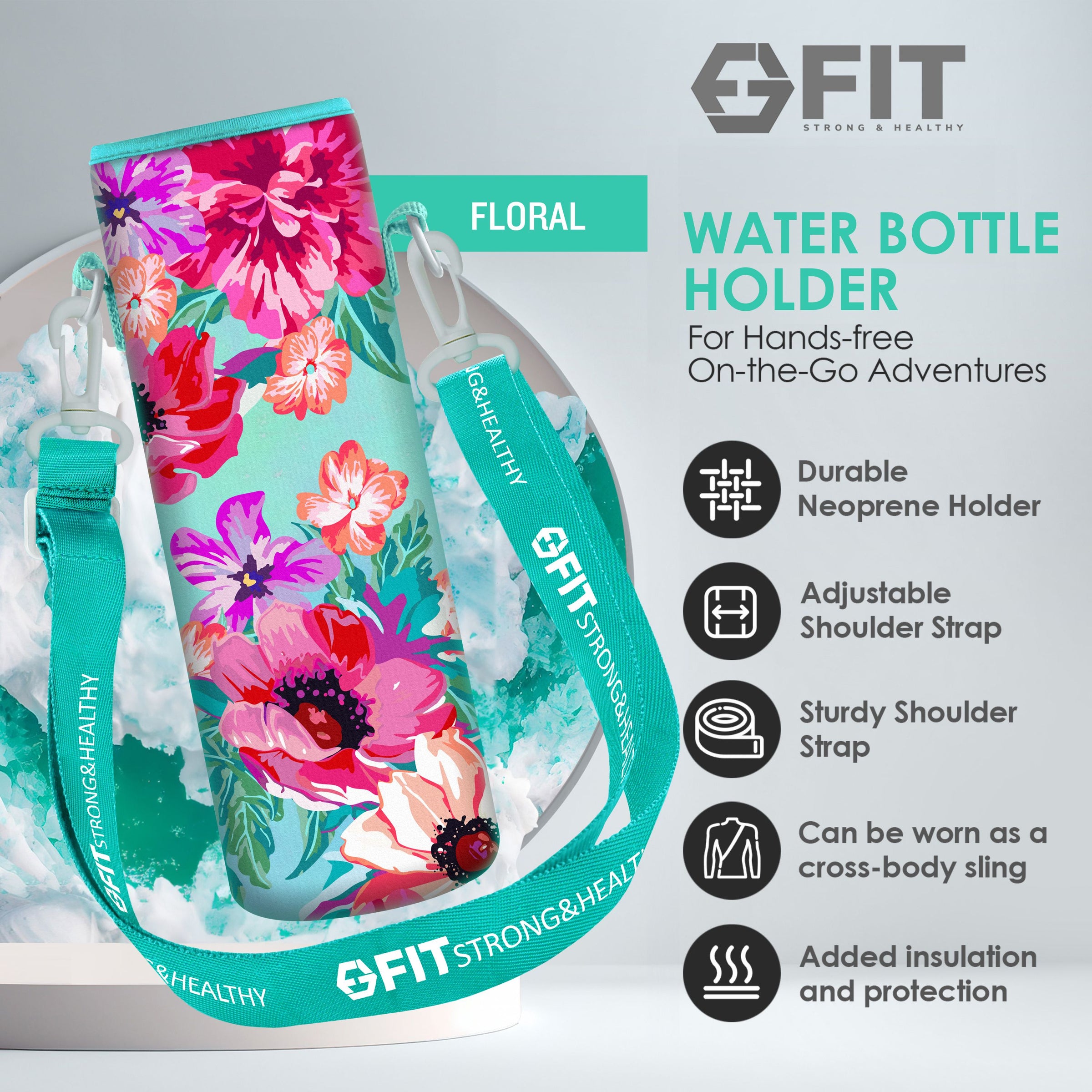 32 oz Glass Water Bottle with Time Marker, Extra Lid & Carrier (Seafoam, Floral Carrier)