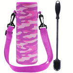 Insulated Neoprene Glass Water Bottle Holder with Adjustable Shoulder Strap for Walking, Silicone PINK Brush (Pink Camo Carrier)