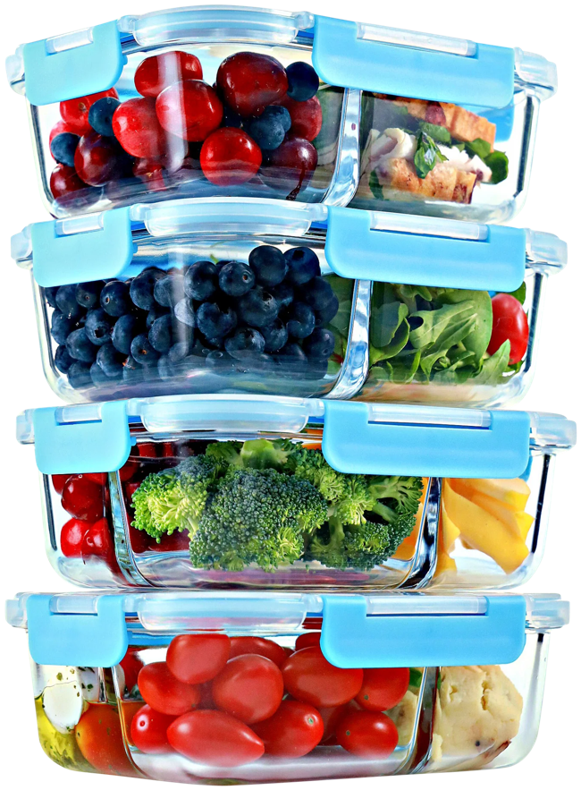 FIT Strong and Healthy glass meal prep containers stacked and filled with smaller portioned meals for GLP-1 meal prep