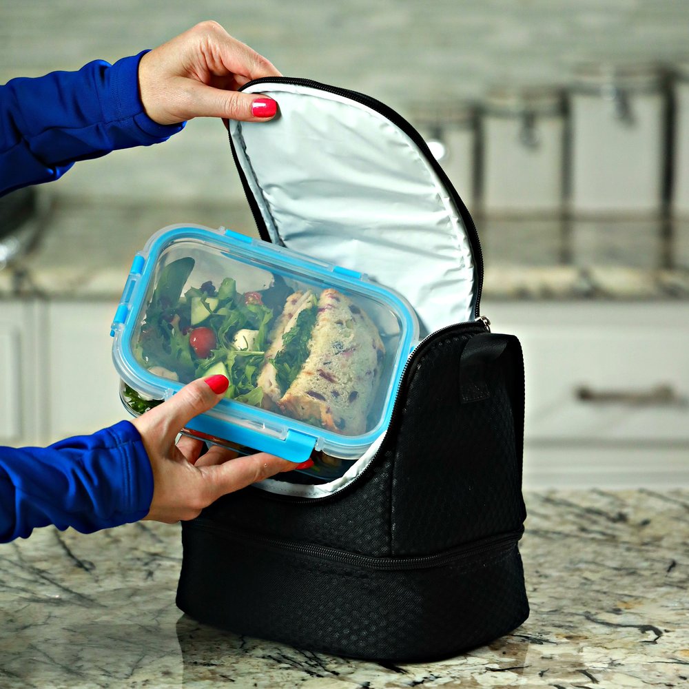 Packing a glass meal prep container into an insulated lunch bag