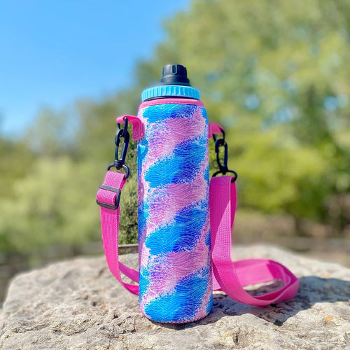 Insulated Neoprene Glass Water Bottle Holder with Adjustable Shoulder Strap for Walking, Silicone BLACK Brush (Blue Waves Design)