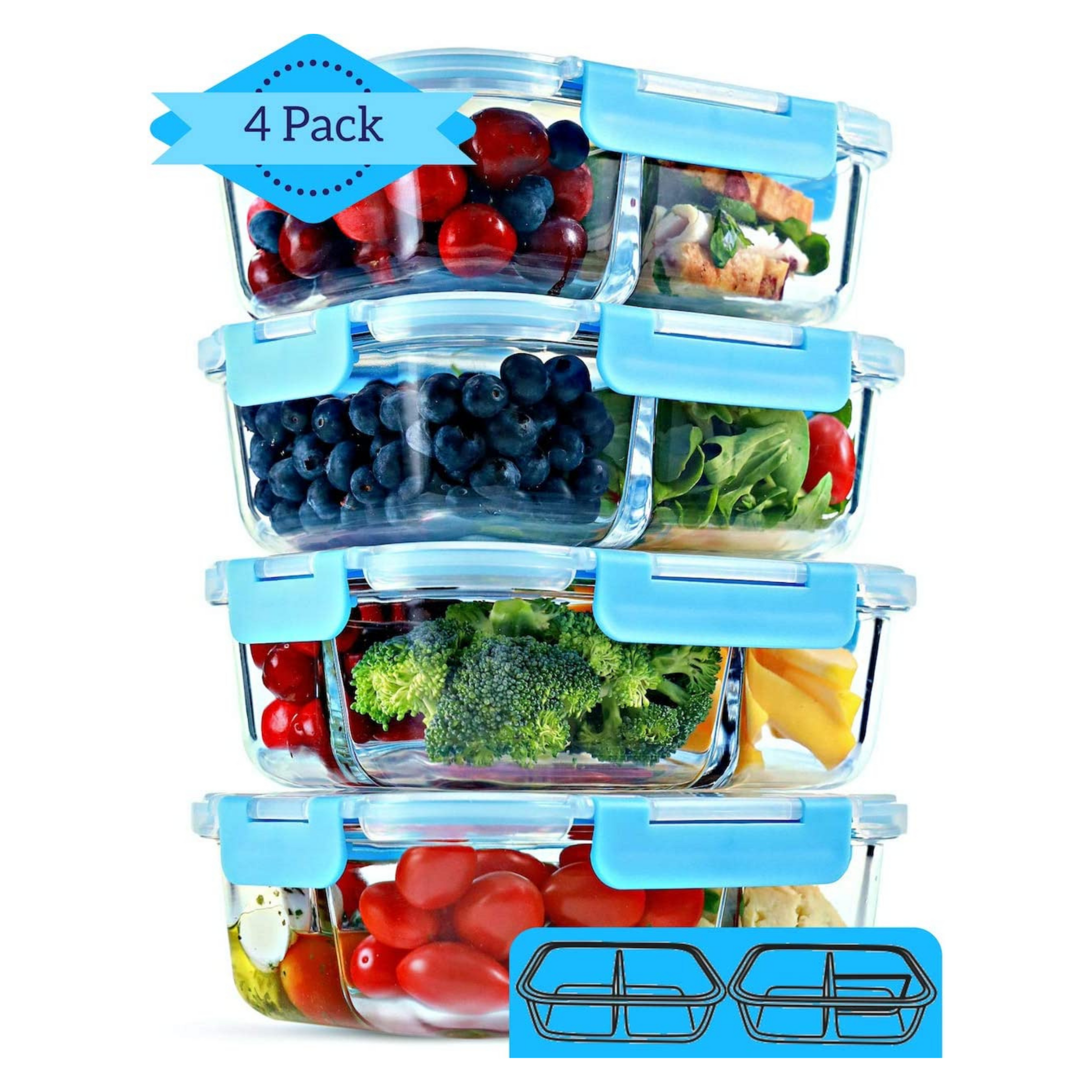 3 Compartment Glass Meal Prep Containers with Lids, BENTO BOXES, FOOD  CONTAINER, PORTION CONTROL